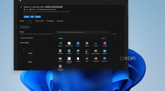 Screenshot of Windhawk showing the Windows 11 Start menu styler mod settings page and the trasnslucent theme for the Start menu