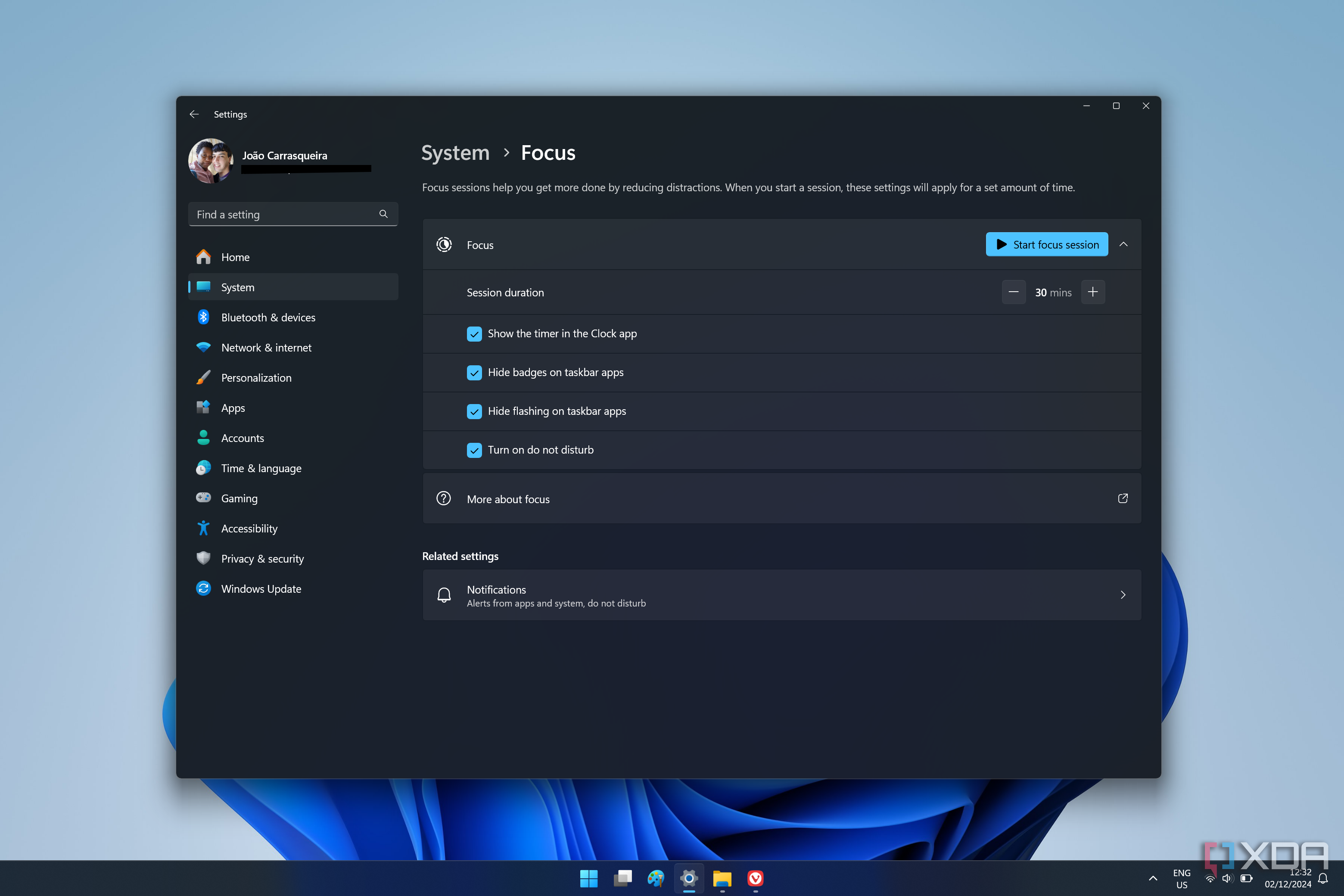 Screenshot of focus settings in the Windows 11 Settings app