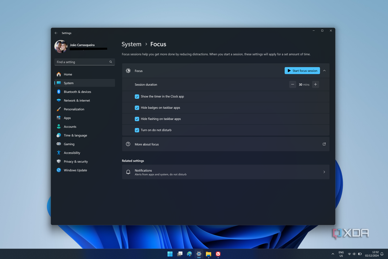 Screenshot of focus settings in the Windows 11 Settings app