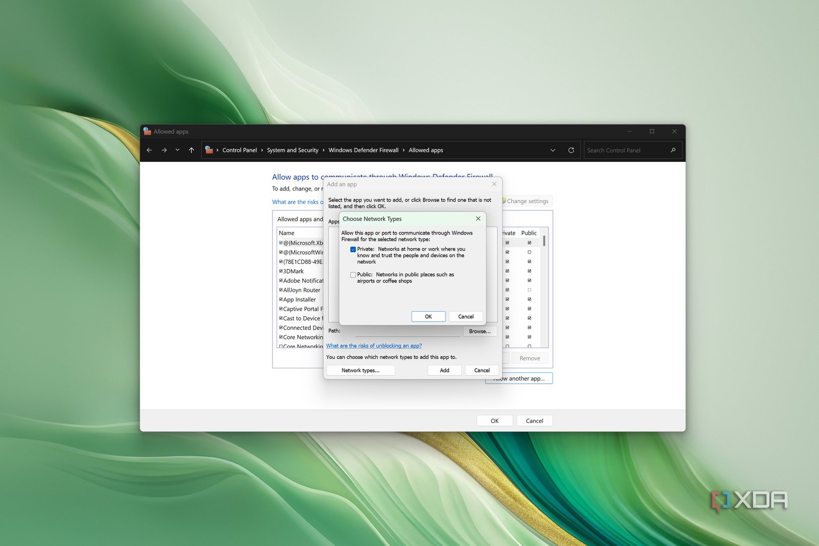 Screenshot of the dialog for changing the network types over which an app is allowed to pass through the firewall