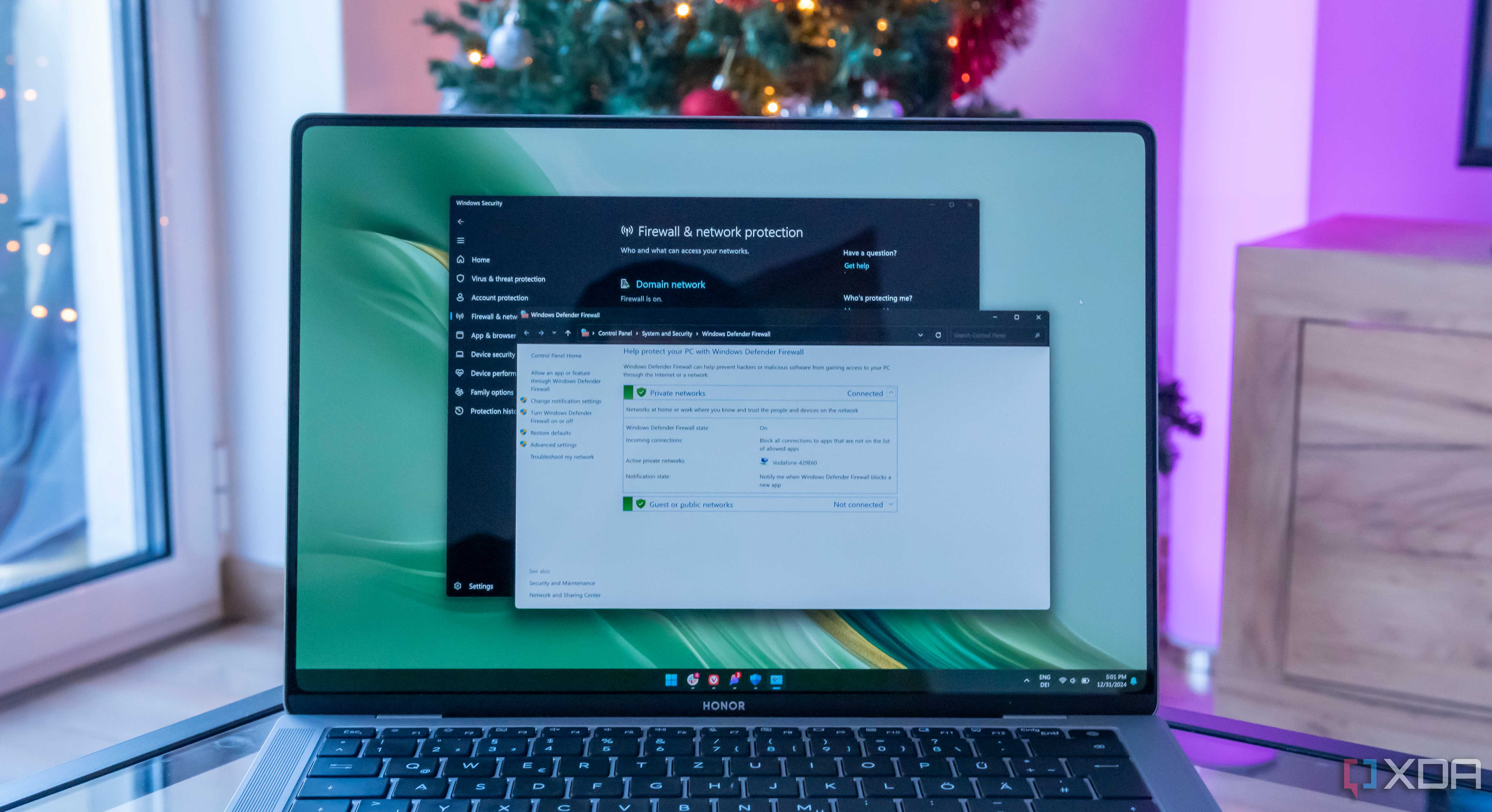 Windows 11 laptop showing settings pages for the Windows firewall