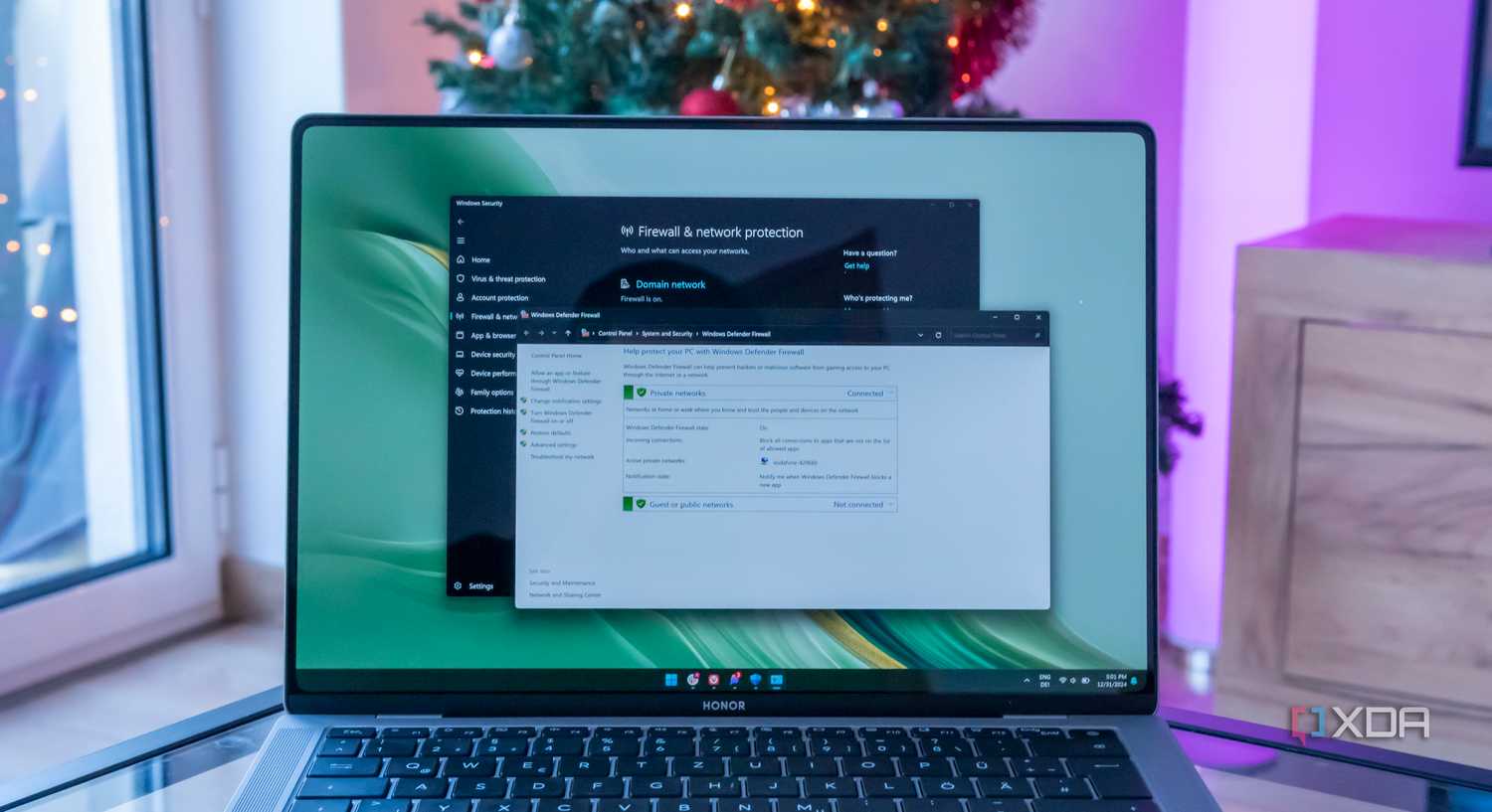 Windows 11 laptop showing settings pages for the Windows firewall