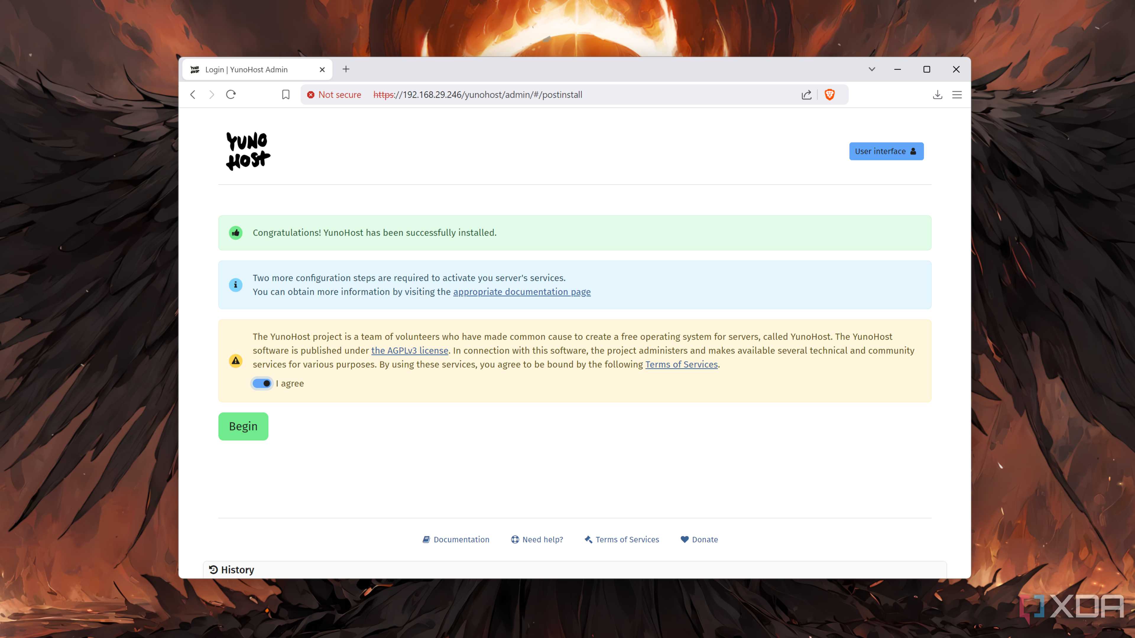 The YunoHost startup screen