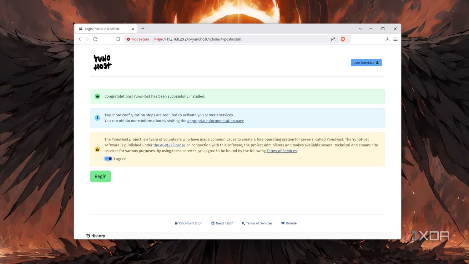 The YunoHost startup screen