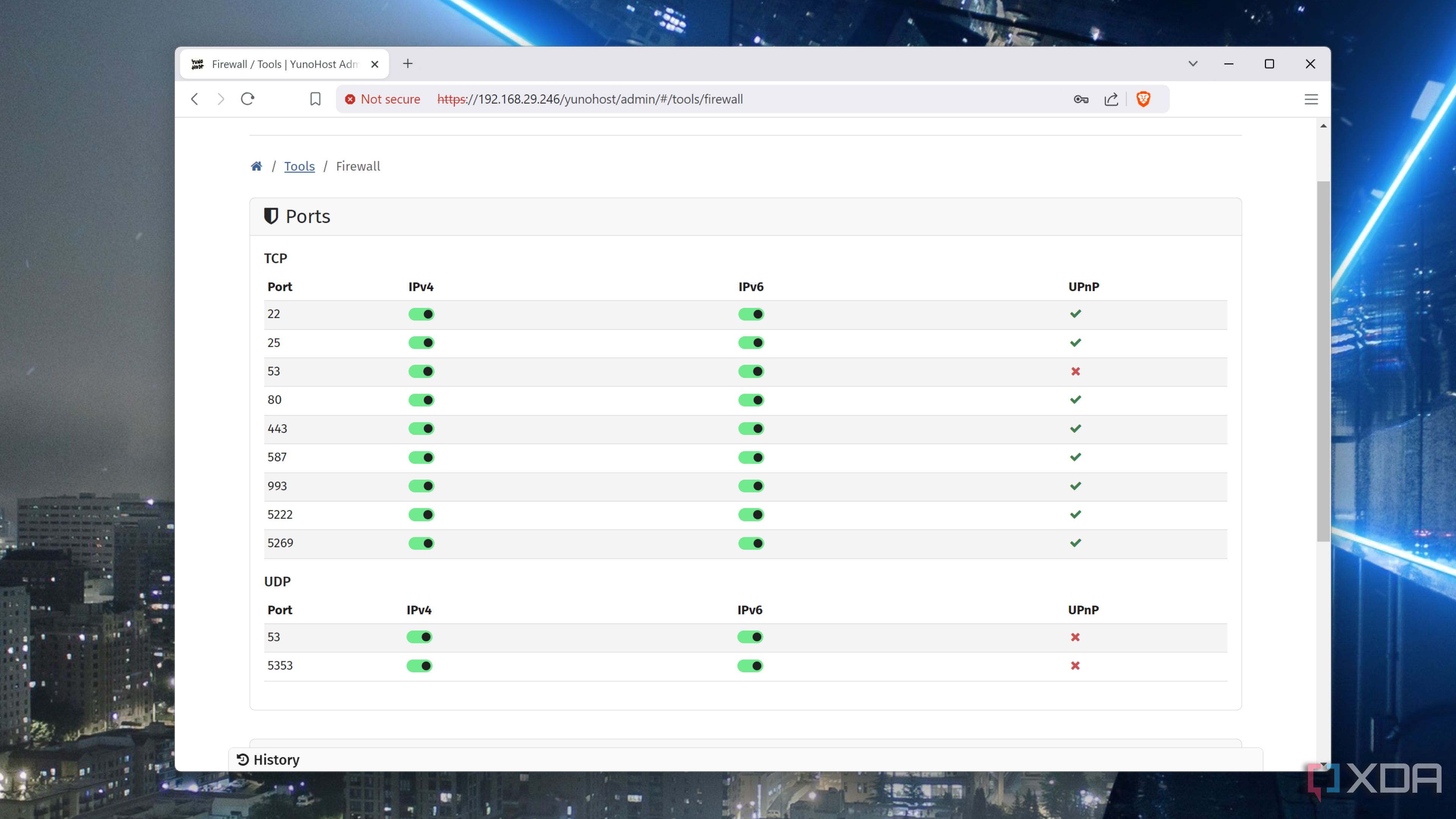 The firewall options in YunoHost