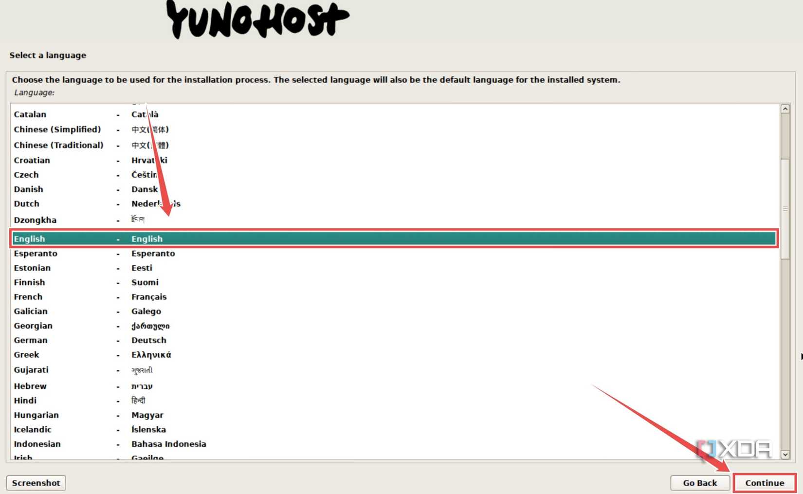 Selecting the Language in the YunoHost installation wizard