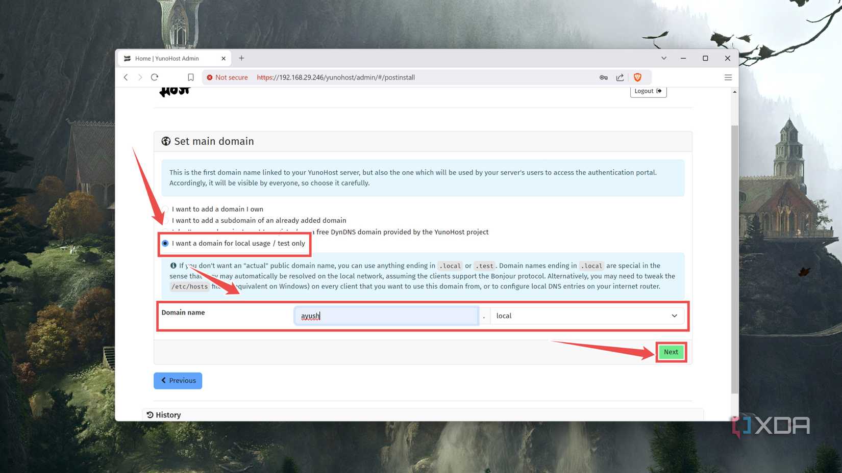 Entering the Domain name in the YunoHost web UI