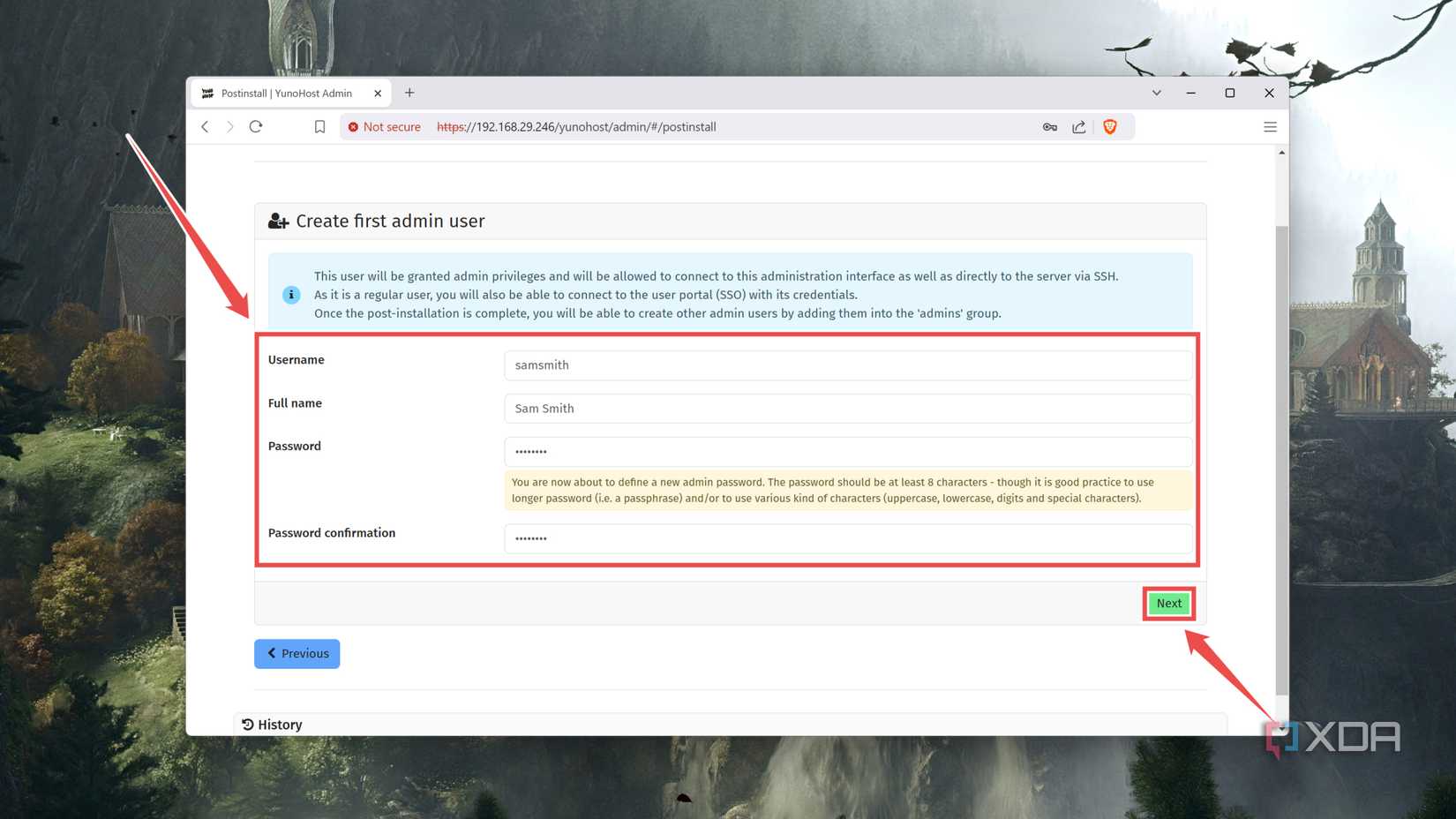 Entering the credentials in the YunoHost web UI