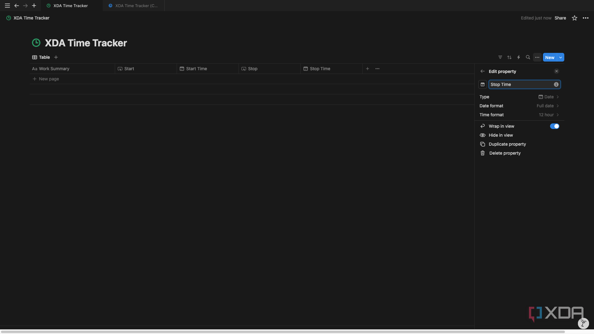 Rename the Date properties Start Time and Stop Time