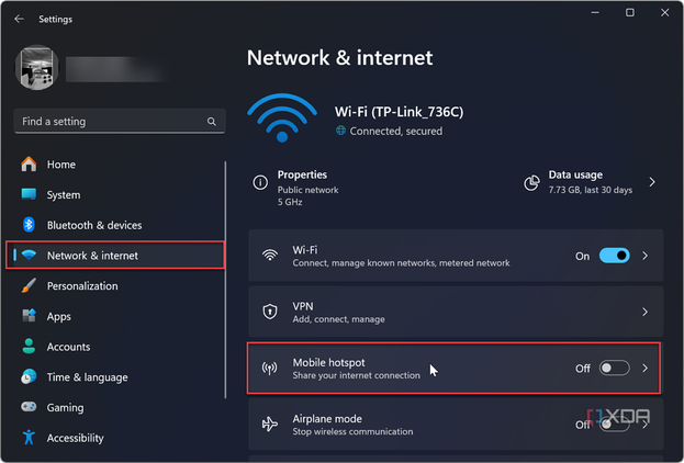 showing network and internet settings from the settings app on Windows 11