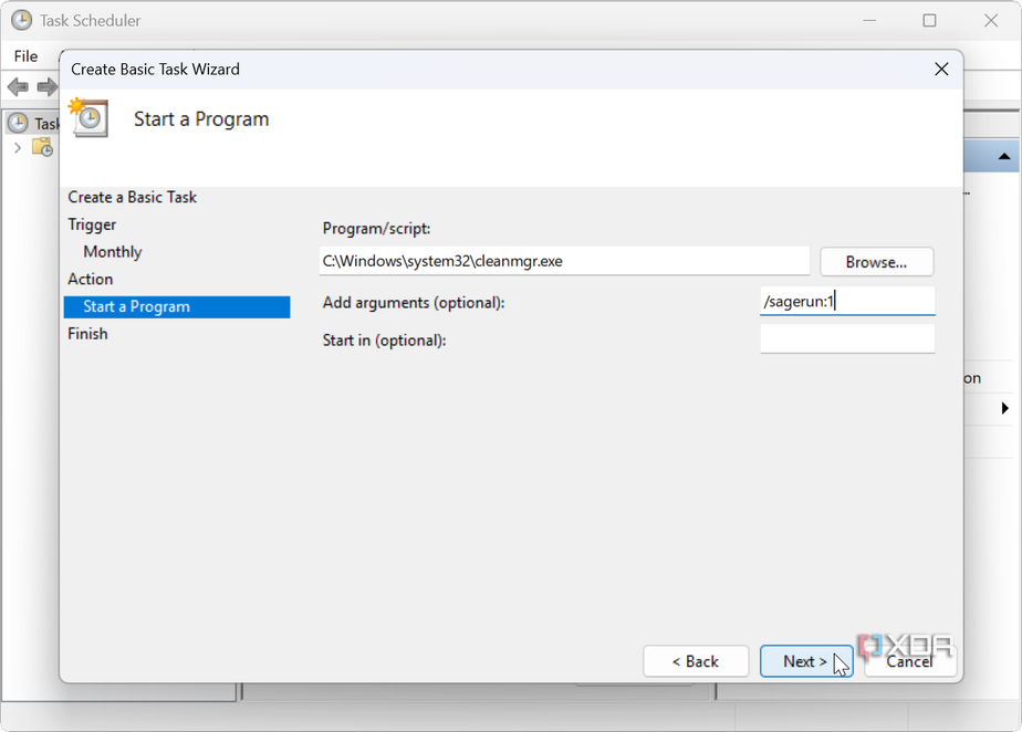 showing how to run disk cleanup from task scheduler on Windows