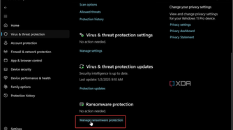 showing the manage rasomware protection link in Windows Security