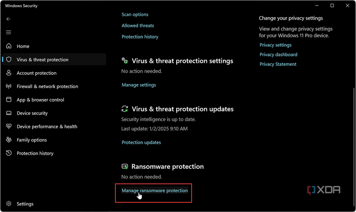 showing the manage rasomware protection link in Windows Security