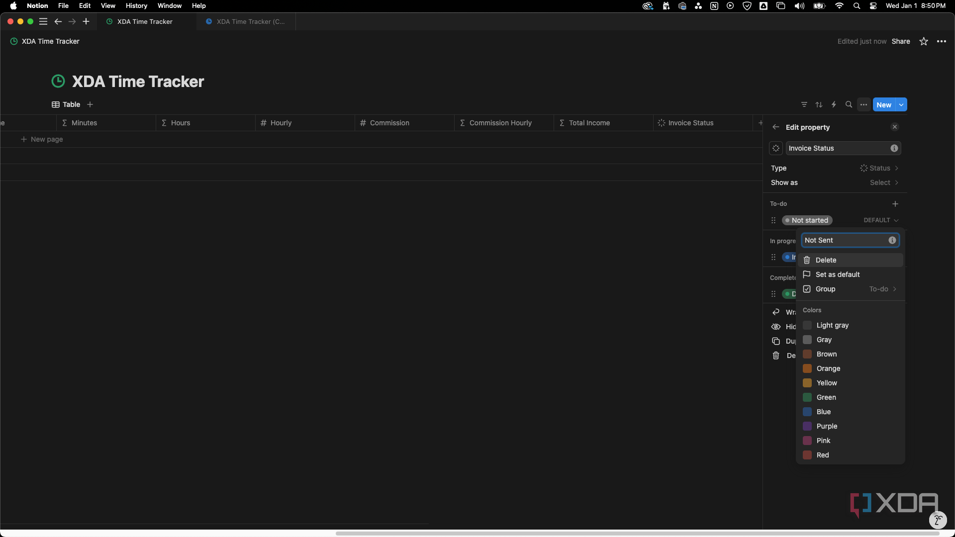 Rename the Status property options to Not Sent, Sent, Paid, and Prepaid