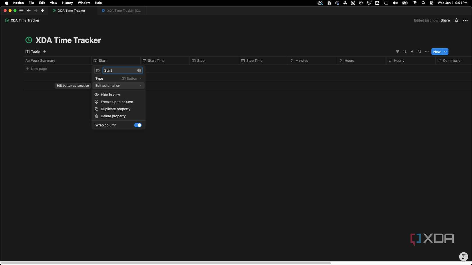Click Start for the button in the first row and choose edit automation