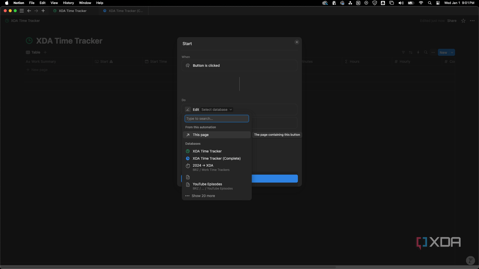 Under Select database, choose This page.