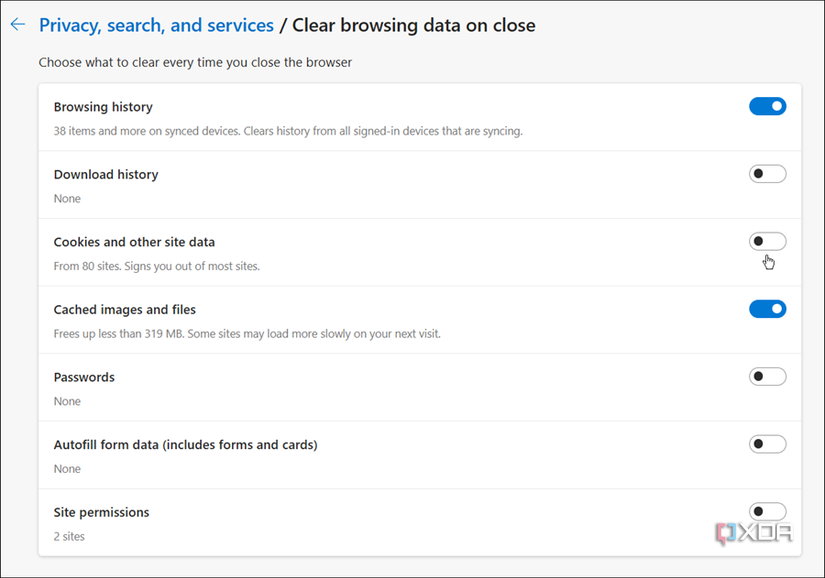 shows choosing what items to automatically clear by switching them on