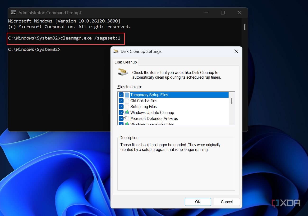 screenshot showing how to run a command to launch Disk Cleanup on Windows 11