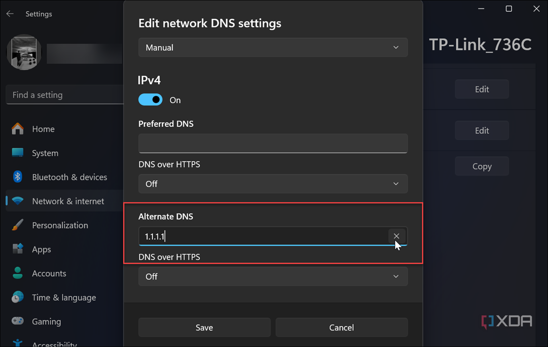screenshot shows manually adding alternate DNS Service settings in Windows 11