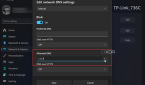 screenshot shows manually adding alternate DNS Service settings in Windows 11