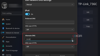 screenshot shows manually adding alternate DNS Service settings in Windows 11