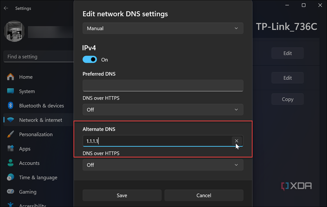 screenshot shows manually adding alternate DNS Service settings in Windows 11