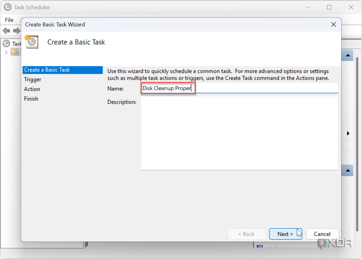 showing how to set a basic task in Task Scheduler on Windows 11