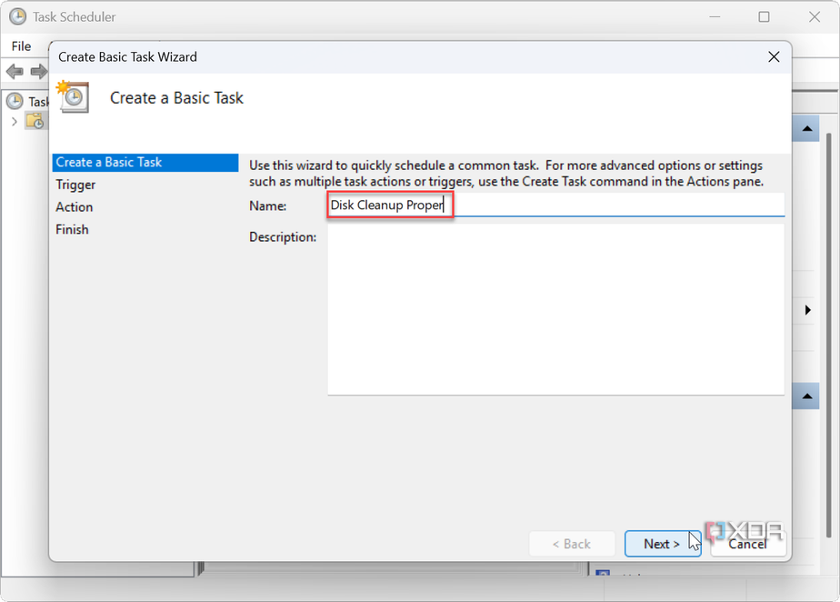 showing how to set a basic task in Task Scheduler on Windows 11