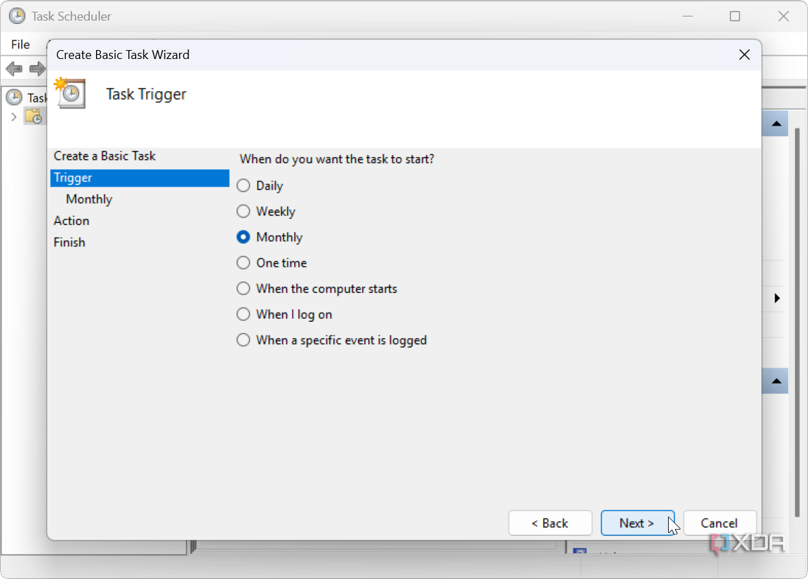 screenshot show setting trigger time in Task Scheduler on Windows 11