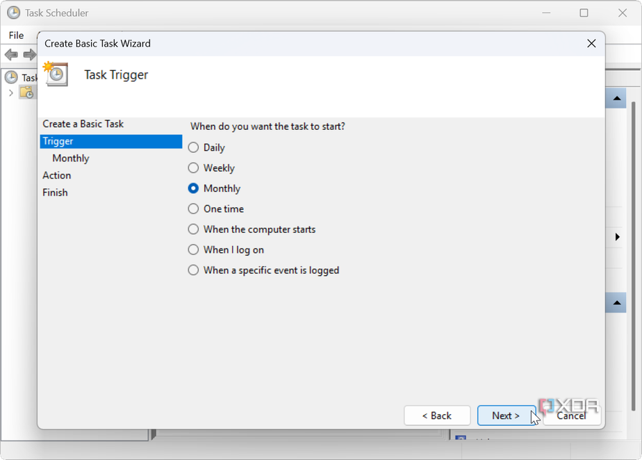 screenshot show setting trigger time in Task Scheduler on Windows 11