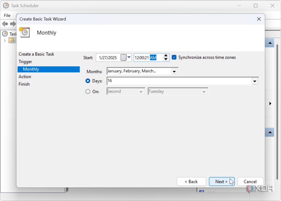 screenshot shows setting itme and date for Disk Cleanup in Task Scheduler