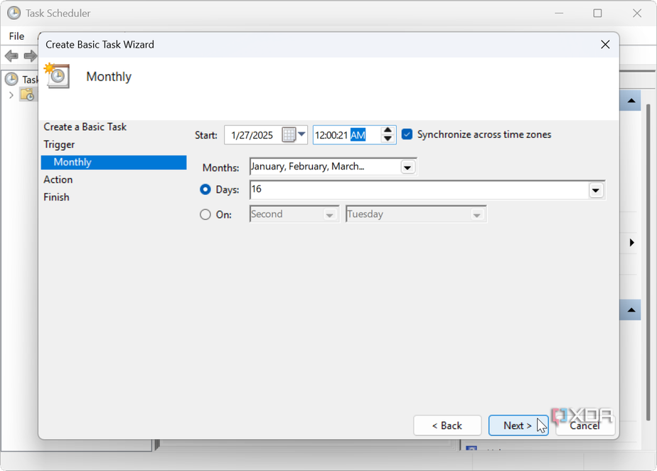 screenshot shows setting itme and date for Disk Cleanup in Task Scheduler
