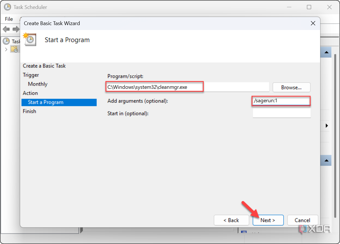 screenshot shows settings to run Disk Cleanup automatically with Task Scheduler