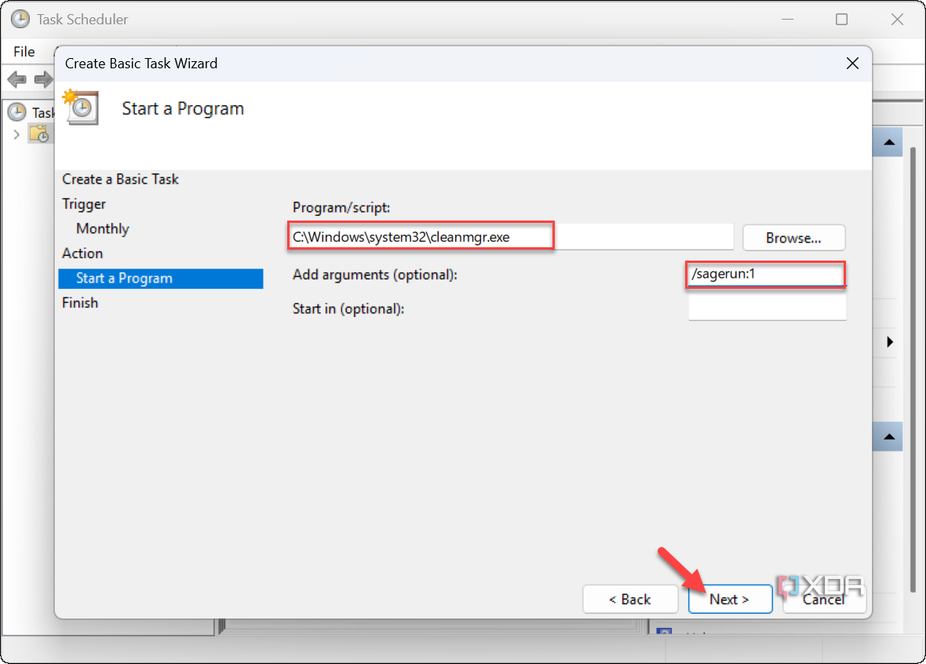 screenshot shows settings to run Disk Cleanup automatically with Task Scheduler