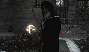 Al Mualim holding a Piece of Eden and talking to Altair