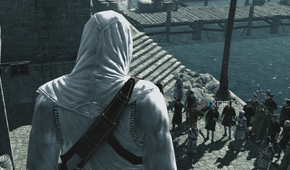 Altair looking at a crowd of civilians and a few Templar knights from the side of a building