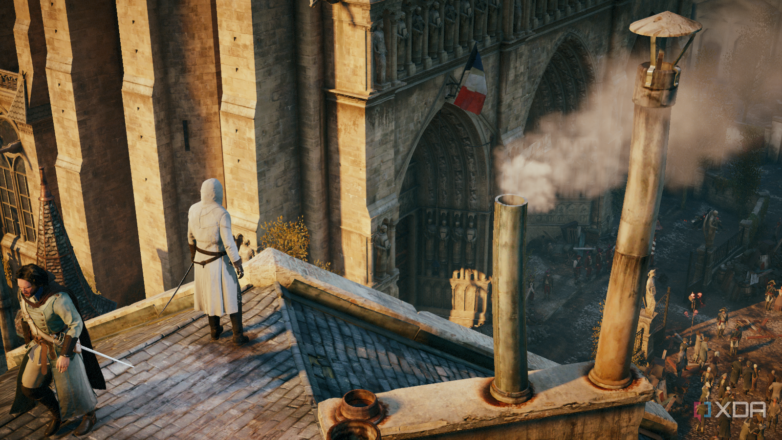 Arno, in white robes, looking at a crowded Notre Dame entrance from a rooftop