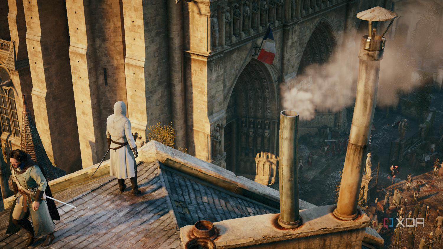 Arno, in white robes, looking at a crowded Notre Dame entrance from a rooftop