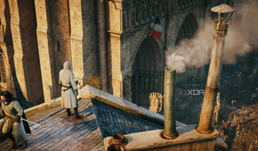 Arno, in white robes, looking at a crowded Notre Dame entrance from a rooftop