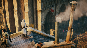 Arno, in white robes, looking at a crowded Notre Dame entrance from a rooftop