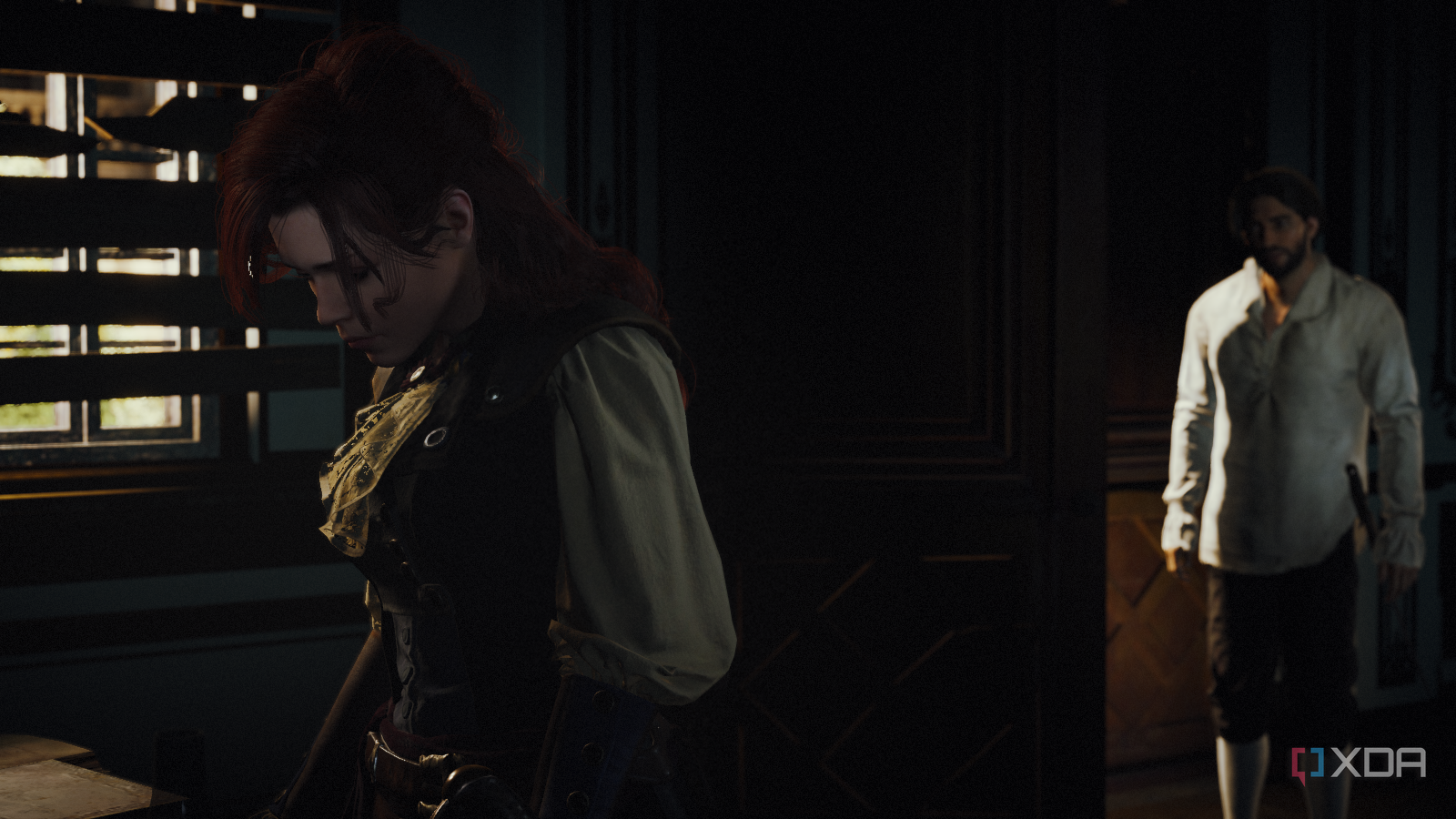 Elise giving her back to Arno while confronting him about the murder of her father