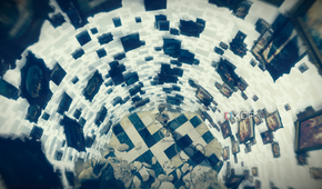 Top view of Arno looking down at a spiral of floating framed paintings in his Initiation hallucination sequence