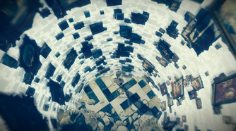Top view of Arno looking down at a spiral of floating framed paintings in his Initiation hallucination sequence