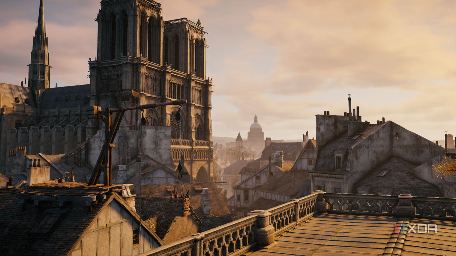 Shot of Paris rooftops with the Notre Dame in the background