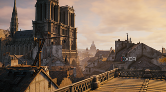 Shot of Paris rooftops with the Notre Dame in the background