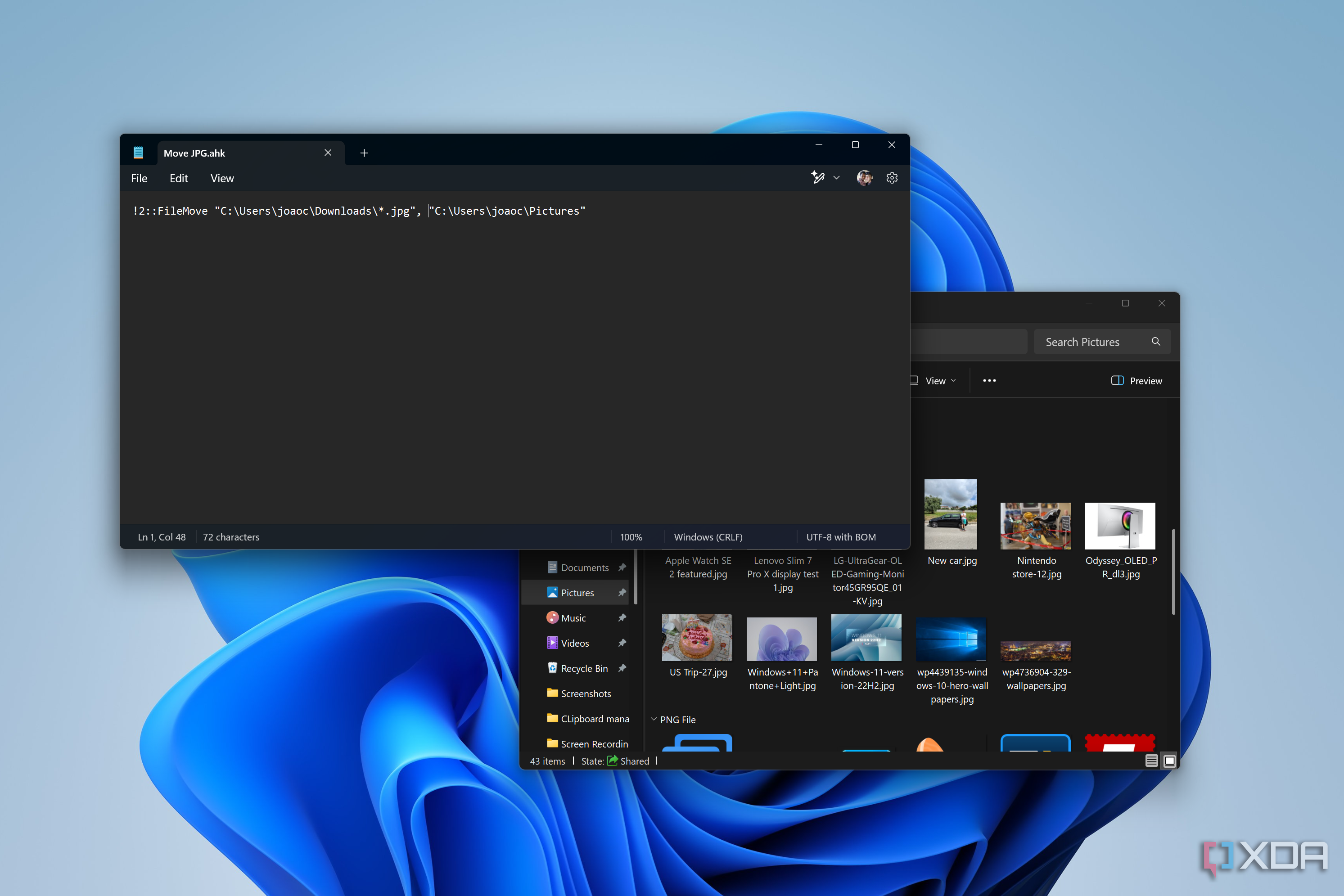 Scrreenshot of Notepad showing a AutoHotKey script for moving JPG files into the Pictures folder. File Explorer is in the background showing JPG files in the Pictures folder