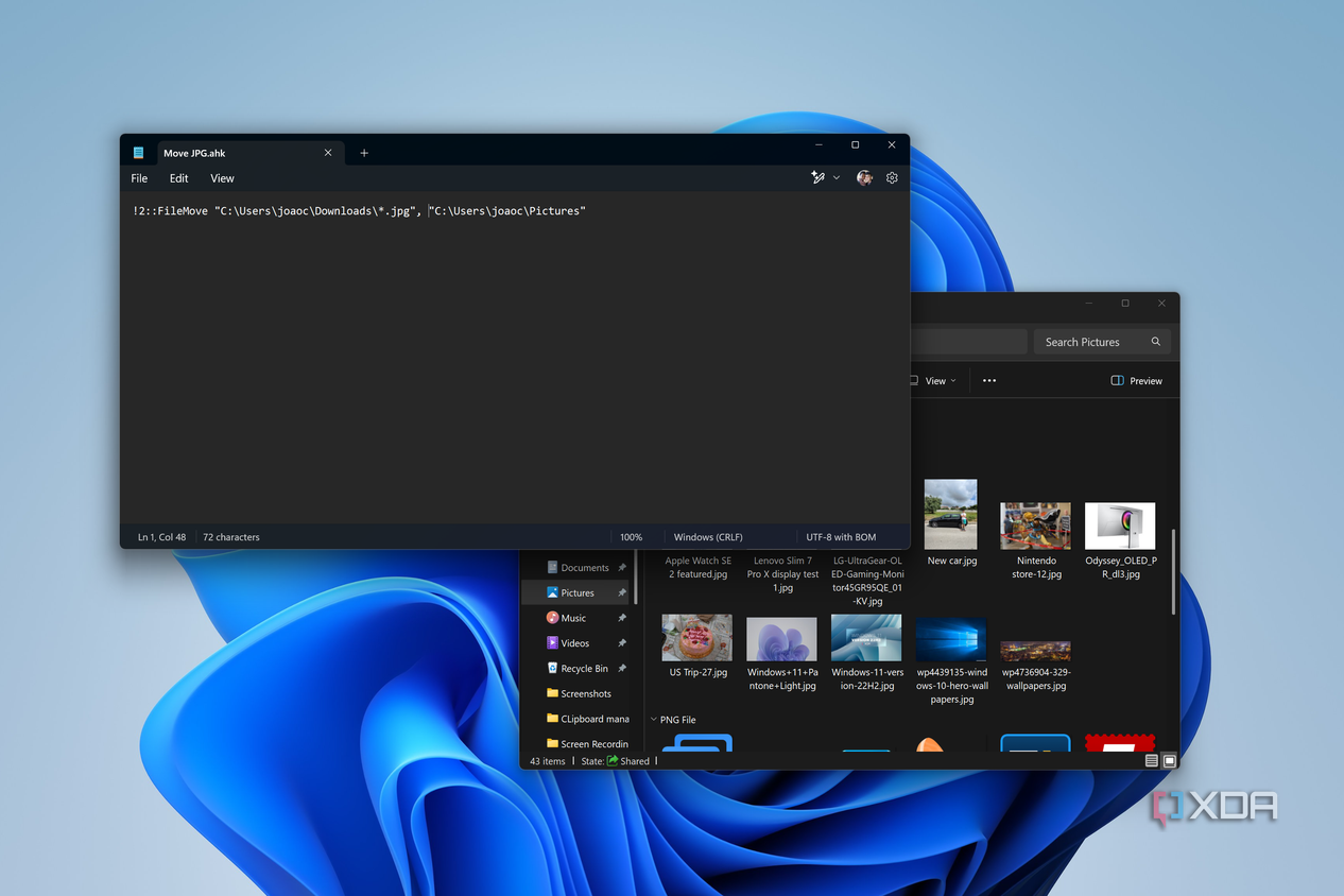 Scrreenshot of Notepad showing a AutoHotKey script for moving JPG files into the Pictures folder. File Explorer is in the background showing JPG files in the Pictures folder
