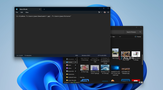 Scrreenshot of Notepad showing a AutoHotKey script for moving JPG files into the Pictures folder. File Explorer is in the background showing JPG files in the Pictures folder