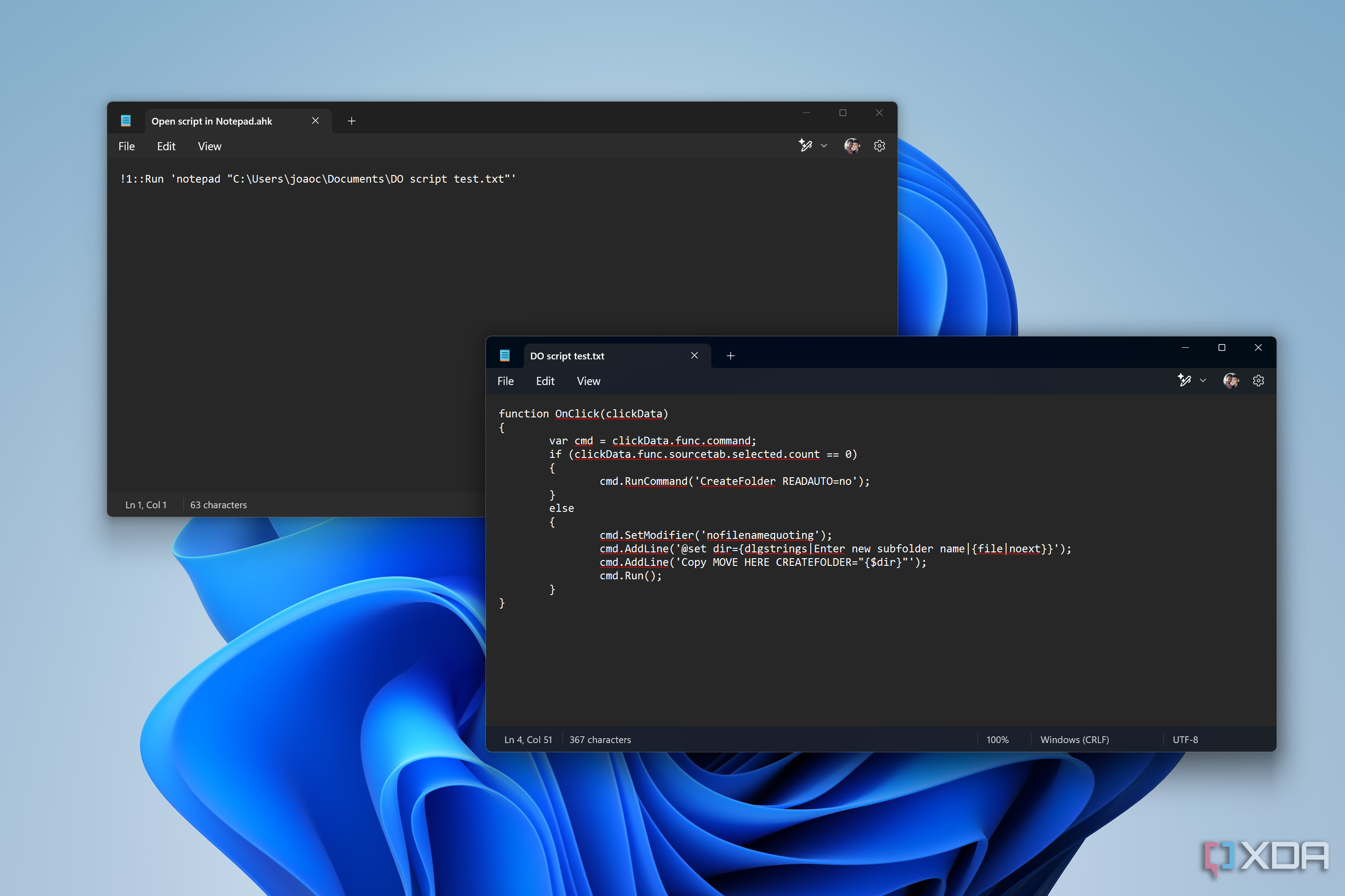 Screenshot of Notepad showing a AutoHotkey script for opening a specific file in Notepad. A second Notepad window is open showing the target file opened