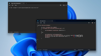 Screenshot of Notepad showing a AutoHotkey script for opening a specific file in Notepad. A second Notepad window is open showing the target file opened
